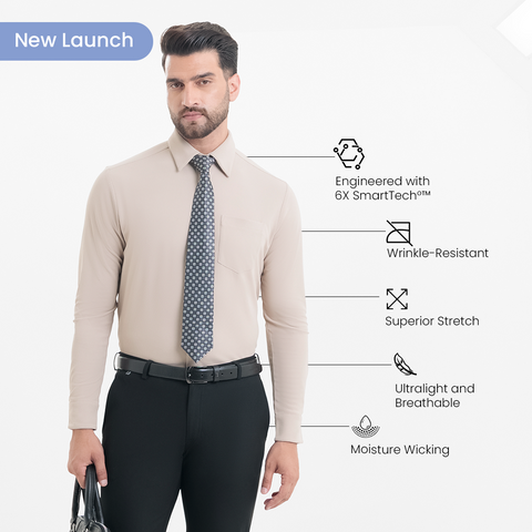 Beige Workday Shirt with Tie Collar