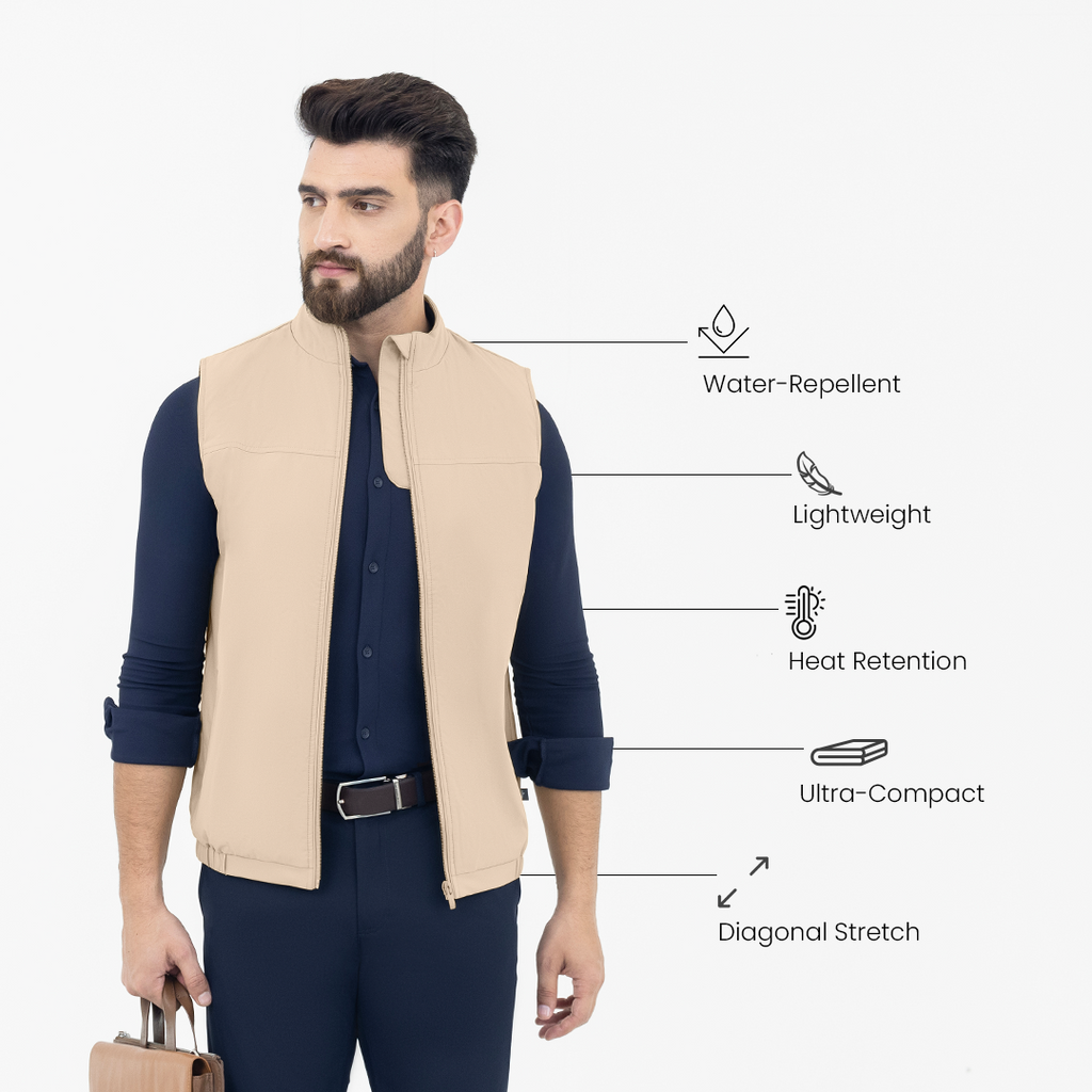 Desk Beige Sleeveless Workday Jacket – Harfun.in