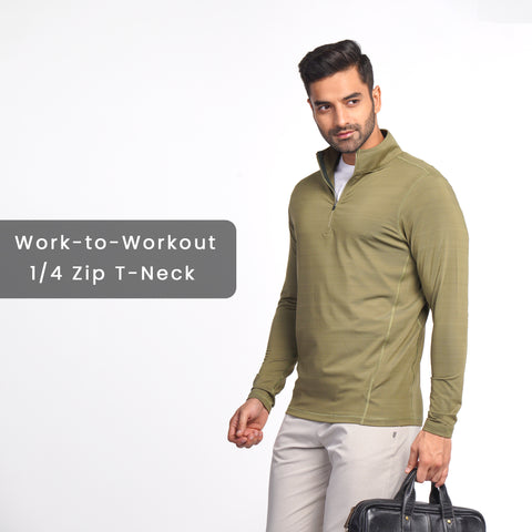 Work to Workout Olive 1/4 Zip T-Neck - Harfun.in